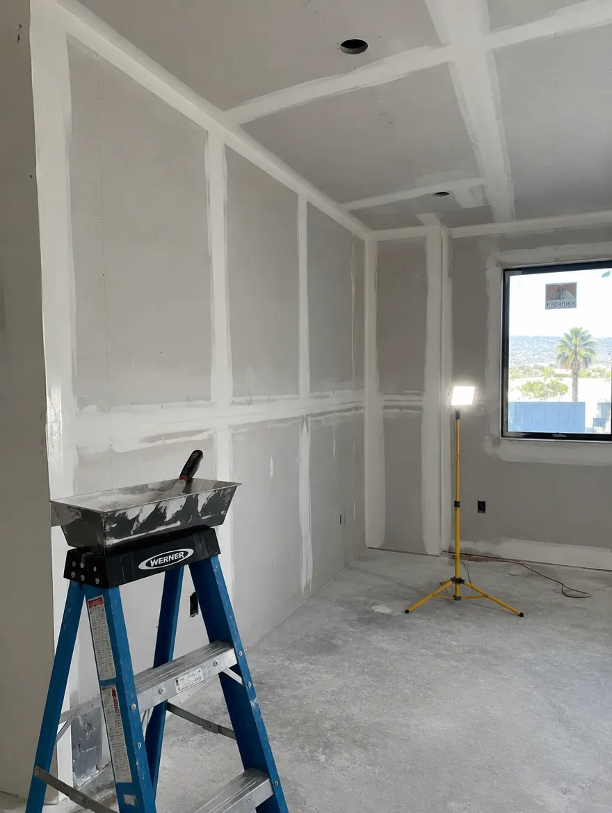 New drywall with taped and mudded seams