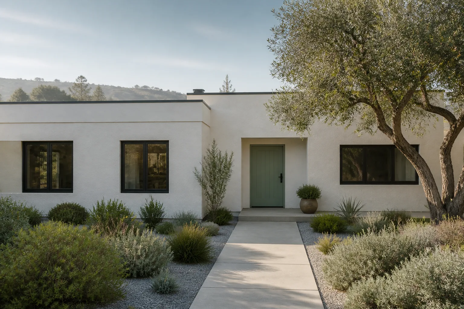 Single-story stucco house with black window frames and a sage green front door