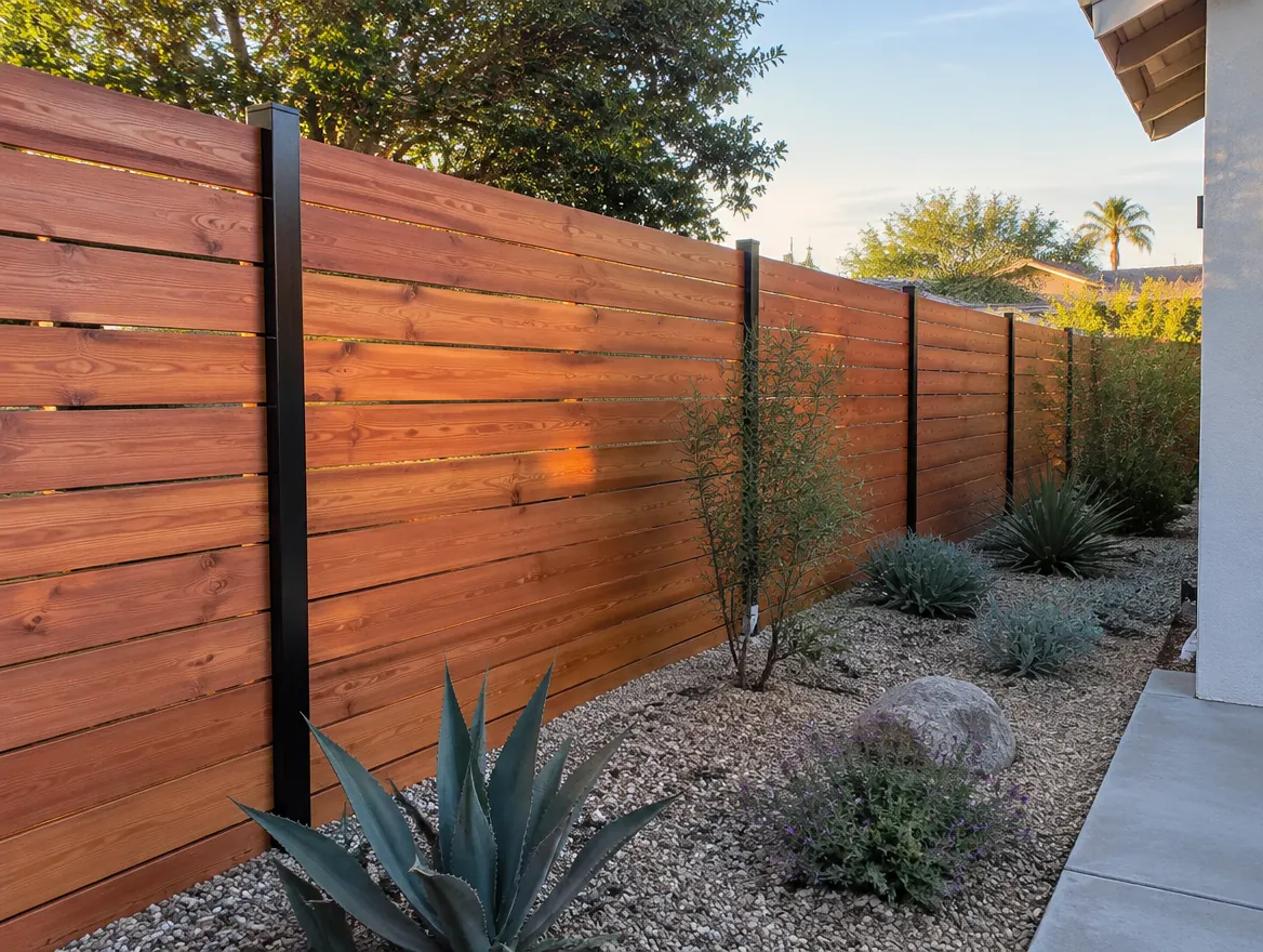 Horizontal cedar fence along a gravel garden in Woodland Hills