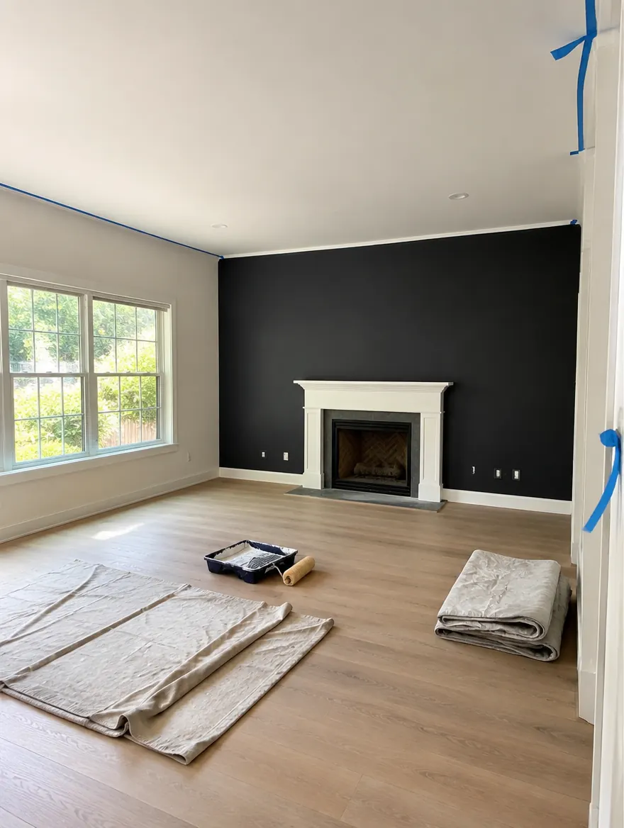 Living room with a dark painted accent wall and floors covered for prep