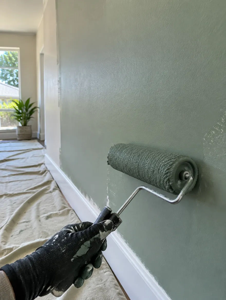 Painter rolling a fresh coat on an interior wall in Santa Ana