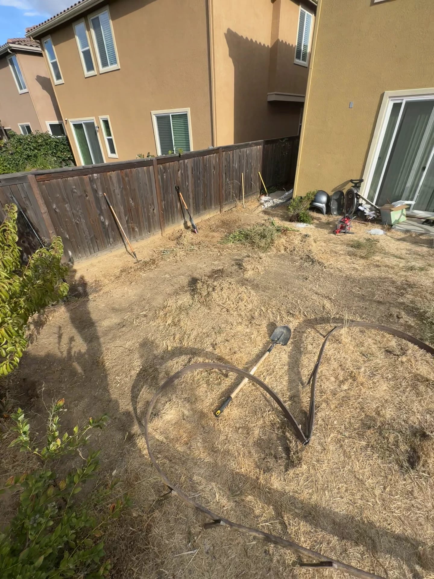 Backyard in Mission Viejo before: dry dirt and dead grass along an old fence